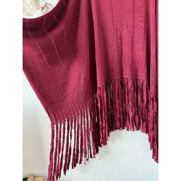 Patti LaBelle Silk Blend Red Knit Fringe Boat Neck Poncho Top Holiday Glam OS - Picture 4 of 9